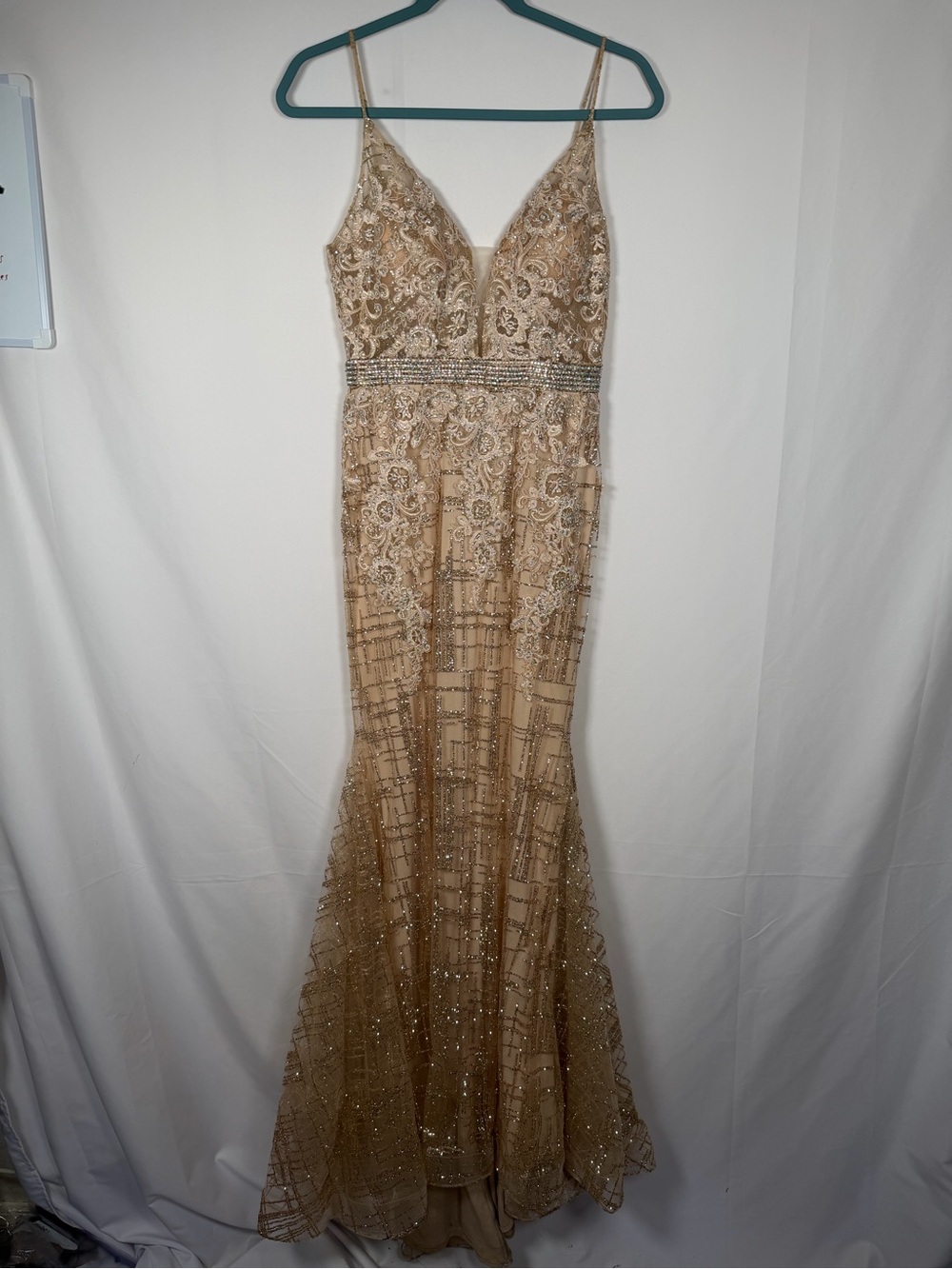 Dancing Queen Gold Beaded V-Neck Evening Gown, Black Tie, Wedding